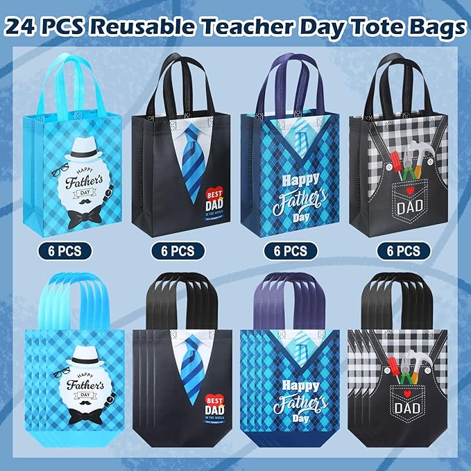 Wesnoy 24 Pcs Father's Day Gift Bags Treat Bags with Handle Happy Father's Day Tote Bags Reusable Best Dad Non Woven Gift Wrap Bags Fathers Day Goodie Bags for Dad Grandpa Party Favor Supplies