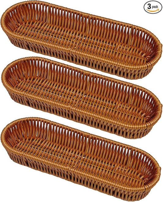 RT&BS Handwoven Utensil Basket, Artisan Mini Bread Basket, Flatware Storage Narrow Baskets for Farmhouse Kitchen, Rustic Dining Table Decor (3pcs, Oval)