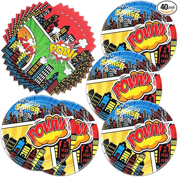 40pcs Super Theme Hero Party Decorations Hero Action Sign Plates Napkins for Comic Heroes Birthday Decorations Hero's Action Sign Cityscape Buildings Tableware Set,Suitable for 20 Guests