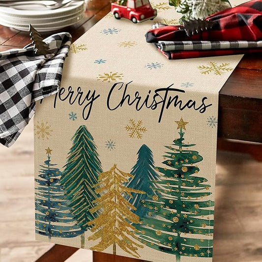 Xmas Trees Snowflakes White Merry Christmas Table Runner, Winter Holiday Kitchen Dining Table Decoration for Home Party Decor 13x72 Inch