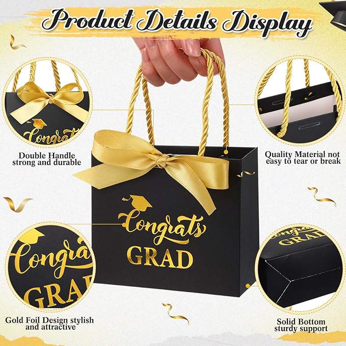 Moinchore 30 Pcs Black Gold Graduation Paper Gift Bags Bulk 5.5 x 4.7 x 2.5'' Mini 2026 Congrats Grad Favor Bags with Handles Bow Ribbon Wrap Graduation Day Party Supplies for College High School