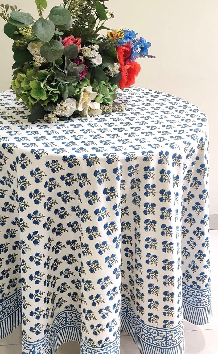 ATOSII Gulbahar Blue 100% Cotton Fall Round Tablecloth, Handblock Print Floral Table Cloth for Kitchen Dining Linen I Thanksgiving, Christmas, Weddings, Outdoors, Parties I 90" Inches Diameter