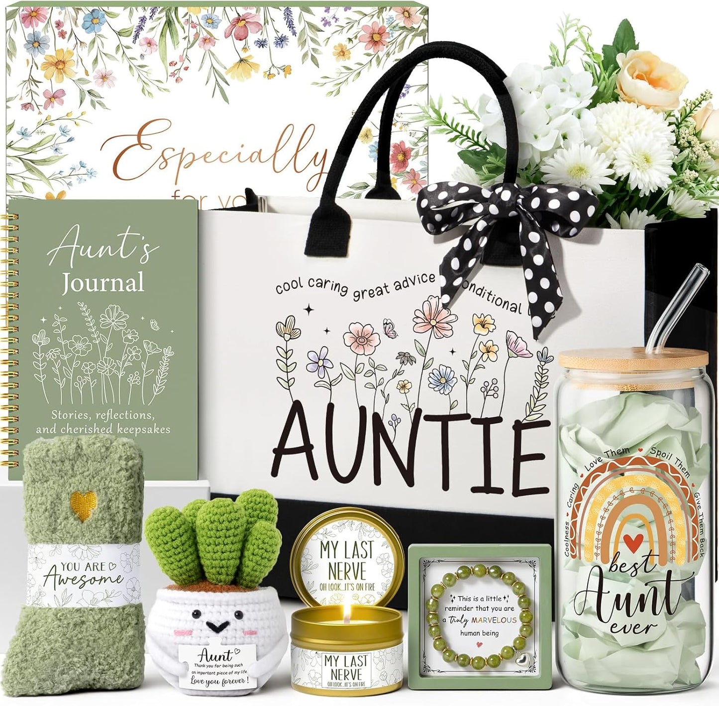 Aunt Gifts from Niece Nephew, Christmas Aunt Birthday Gifts for Auntie, Best Auntie Christmas Birthday Gift Mothers Day Gift Baskets for Aunts Women with Canvas Tote Bag 16Oz Glass Cup