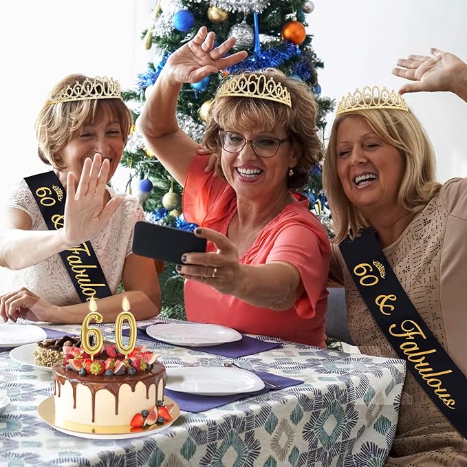 60th Birthday Decorations for Woman with Crown, Sash, Number Candles for Womens 60th Birthday Decorations