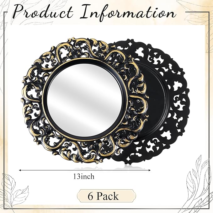 Maxdot 6 Pcs 13" Mirror Charger Plates for Dinner Plates Plastic Round Embossed Edge Dinner Chargers for Table Setting Wedding Party Christmas Holiday Supplies Elegant Tabletop (Black and Gold)