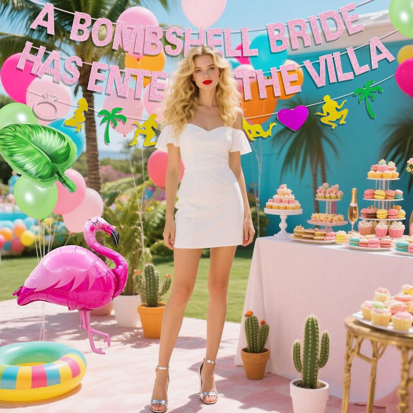 A Bombshell Bride Has Entered The Villa Banner Palm Tree Ring Mylar Balloon for Love Island Themed Bachelorette Party Decorations