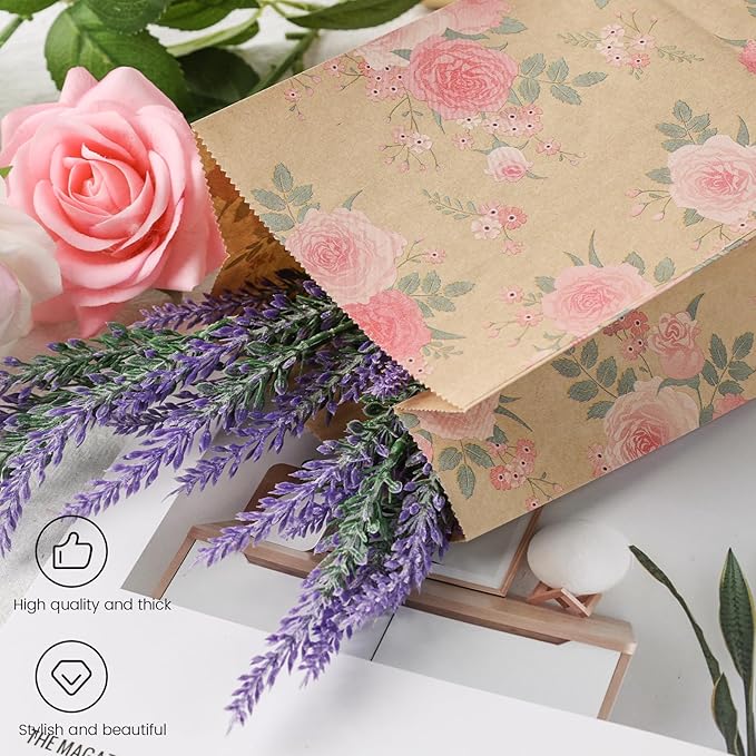 VGOODALL 24 Pack Party Favor Bags, 4.7x3.1x8.7 Inch Small Gift Bags with Stickers Floral Party Favor Treat for Birthday Baby Shower Wedding Gift Packaging Supplies