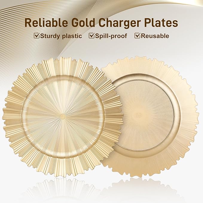 6 Pcs Gold Charger Plates,13 Inch Elegant Fluted Edge Plastic Charger Plates Reusable Table Chargers for Dinner Birthday Wedding Party Bridal Showers Tableware Dishes Luxury Decor