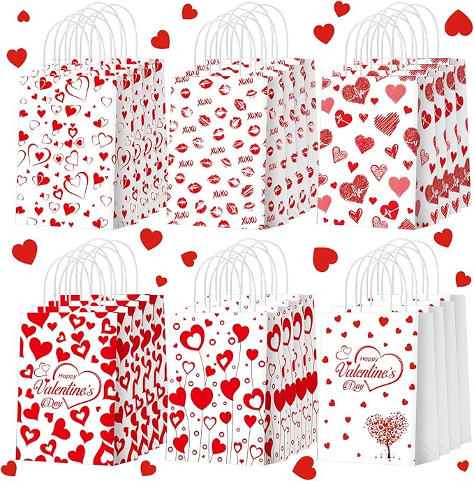 Glenmal 24 Pcs Valentines Bags Bulk with Handles 8.3 x 5.9 x 3.1 Inch Red Heart Love Gift Treat Goodie Candy Paper Bags for Classroom Valentine's Day Gift Wrapping Anniversary Dating Wedding