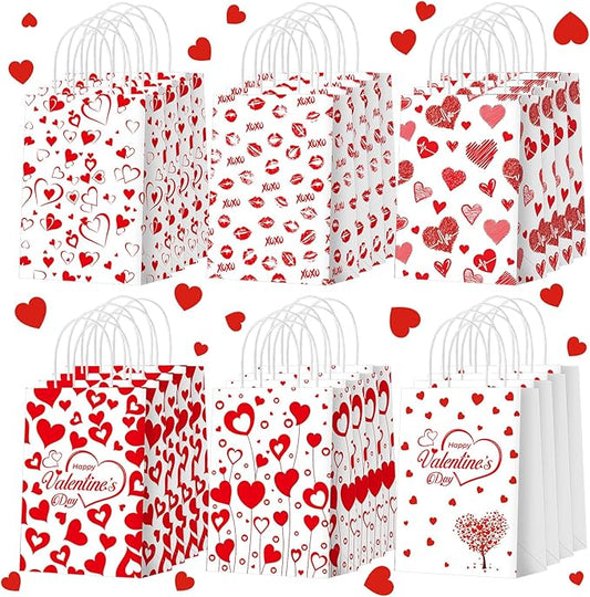 Glenmal 24 Pcs Valentines Bags Bulk with Handles 8.3 x 5.9 x 3.1 Inch Red Heart Love Gift Treat Goodie Candy Paper Bags for Classroom Valentine's Day Gift Wrapping Anniversary Dating Wedding