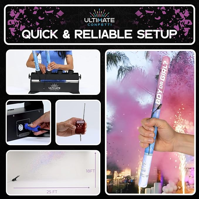 Ultimate Confetti - Electric Powder + Confetti Popper Cannon Cartridge 32” Pink - Pre-Filled and Leak-Resistant Gender Reveal Poppers Cannon, Requires EC-1 or EC-4 Confetti Machine to Activate