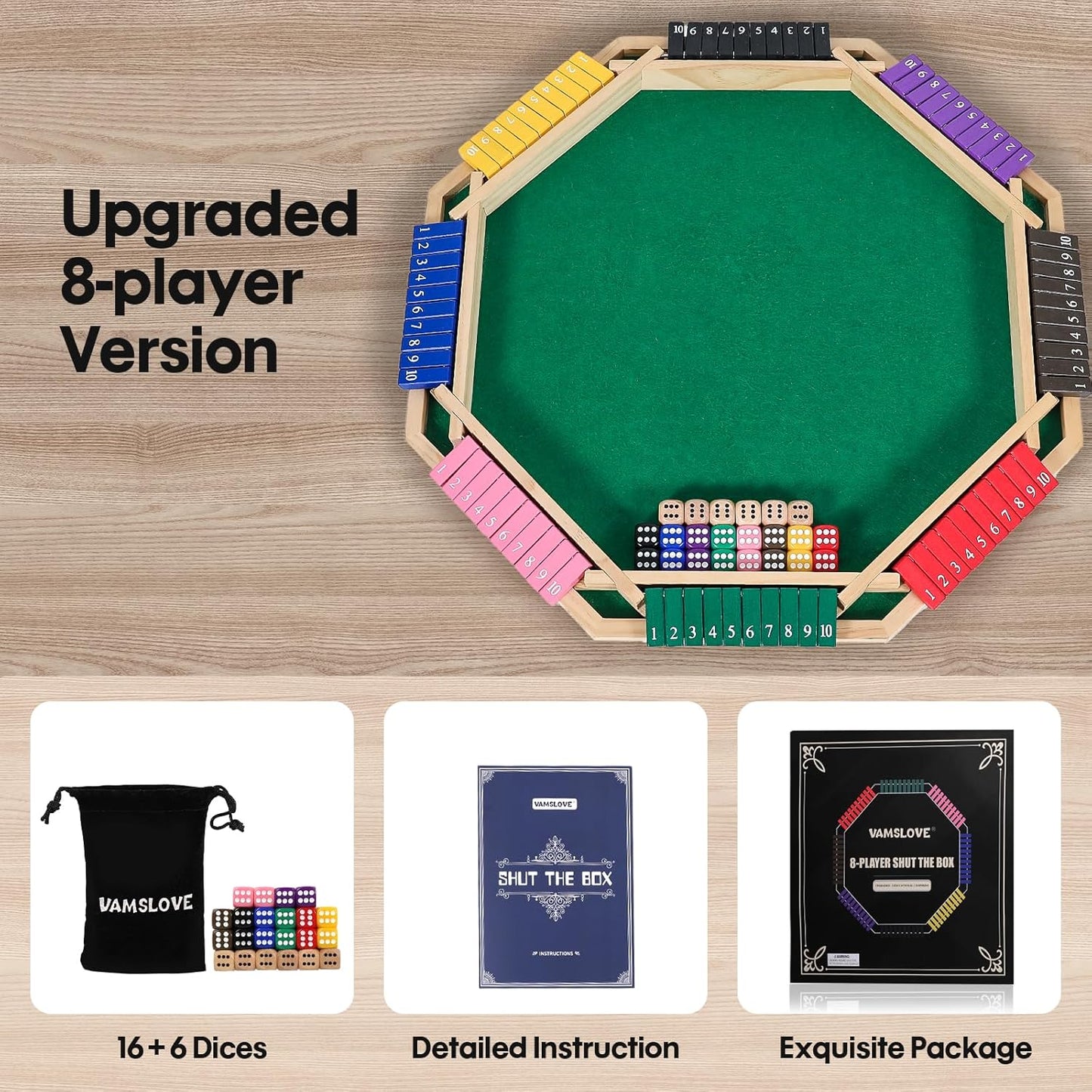 Vamslove Upgraded 2-8 Players Shut The Box Dice Game-Colorful 8-Way Wooden Board Table Math Game with 16 +6 Dices - Close The Box for Kids, Adults Families Party Club (Instruction Included)