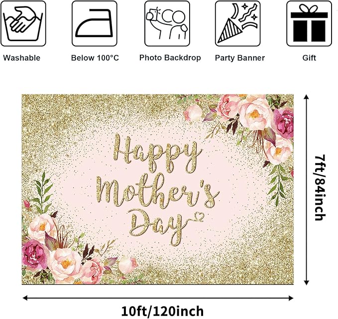 Avezano Glitter Gold Happy Mother's Day Backdrop for Thanks Mother Party Photoshoot Photography Background Blush Pink Golden Glitters Dots Floral Mom's Day Party Decorations Backdrops (10x7ft)