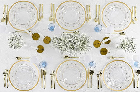 PLASTICPRO 64 Piece Combo Plastic Dinner Plates Disposable Plastic Fancy Heavy Duty Party Dishes 7 inch and 10 inch, Clear and Gold Beaded