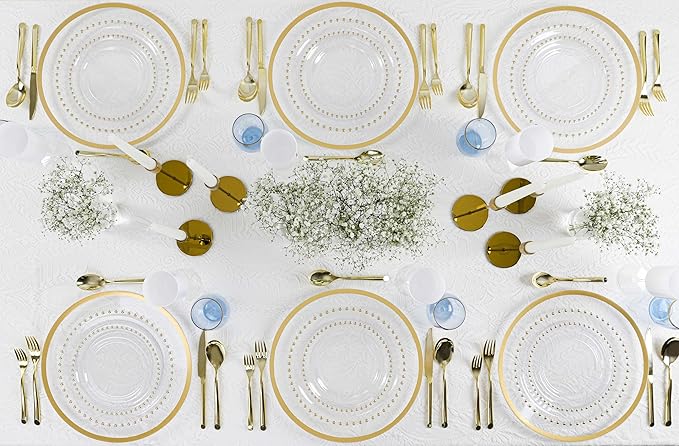 PLASTICPRO 32 Piece Combo Plastic Dinner Plates Disposable Plastic Fancy Heavy Duty Party Dishes 7 inch and 10 inch, Clear and Gold Beaded
