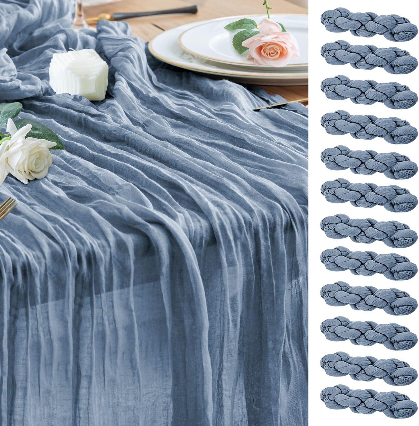 Wokceer Cheesecloth Table Runner 12Pack 10FT Dusty Blue Boho Gauze Fall Thanksgiving Cheese Cloth Table Runner for Party Long Rustic Sheer Table Runners for Baby Bridal Shower Wedding Easter Table