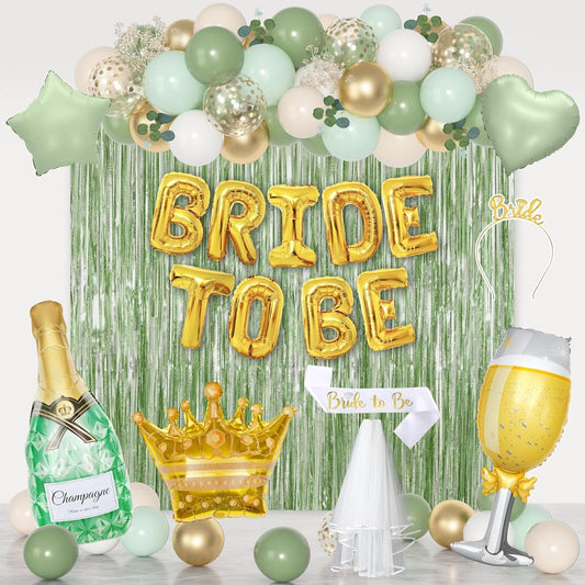 Ouddy Life Sage Green Bachelorette Party Decorations, Bride to Be Bridal Shower Decoration with Crown Champagnes Wineglass Heart Foil Balloons, Veil Sash, Fringe Curtains Engagement Wedding Supply