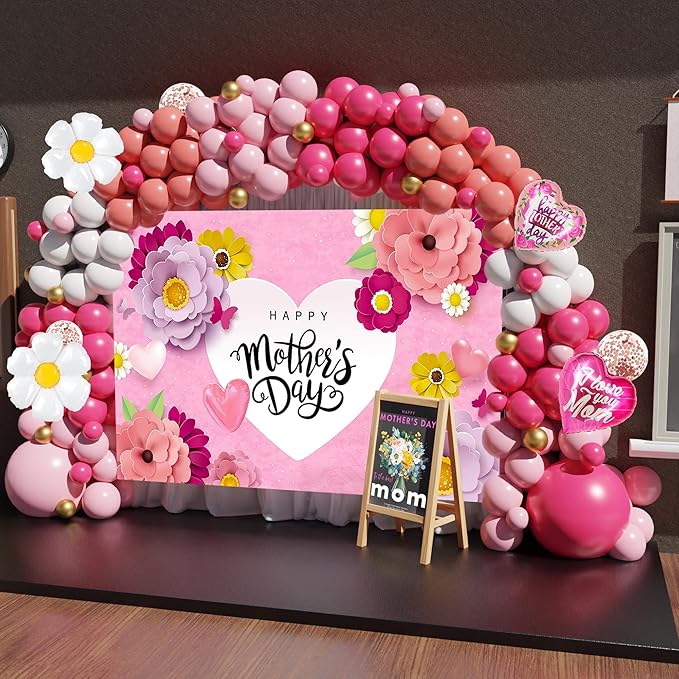 Mothers Day Decorations,146PCS Mother’s Day Balloon Garland Arch Kit Pink Rose Red Balloon with Large Happy Mother’s Day Backdrop, Mother’s Day Decorations for Party