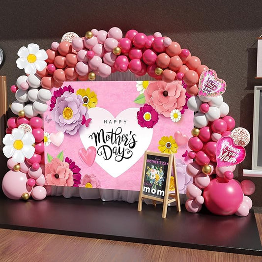 Mothers Day Decorations,146PCS Mother’s Day Balloon Garland Arch Kit Pink Rose Red Balloon with Large Happy Mother’s Day Backdrop, Mother’s Day Decorations for Party