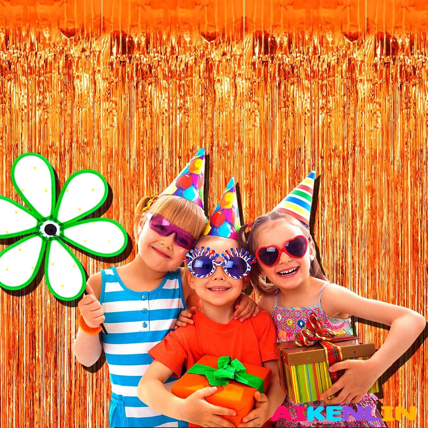 4 Pack 3.3Ft x 6.6Ft Orange Foil Fringe Curtain Backdrop, Metallic Tinsel Foil Fringe Streamers Curtains Background for Photo Booth, Birthday, Wedding, Halloween, Christmas Party Decoration