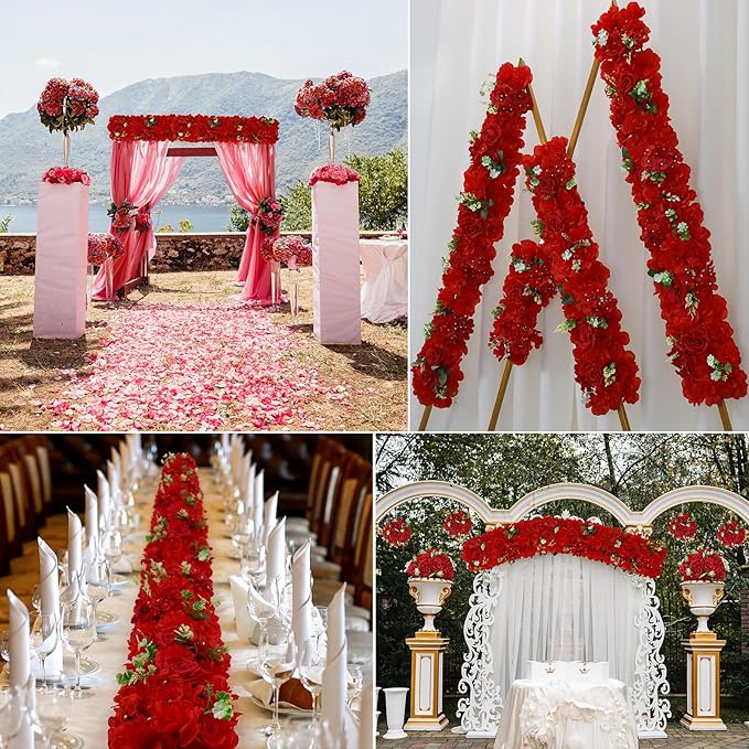 Wedding Arch Artificial Flowers Panels- 10Pack Faux Floral Swags Rose Silk Realistic Arch Faux Hydrangea Row Arrangement for Romantic Event Wall Reception Ceremony Welcome Sign Decor-Red