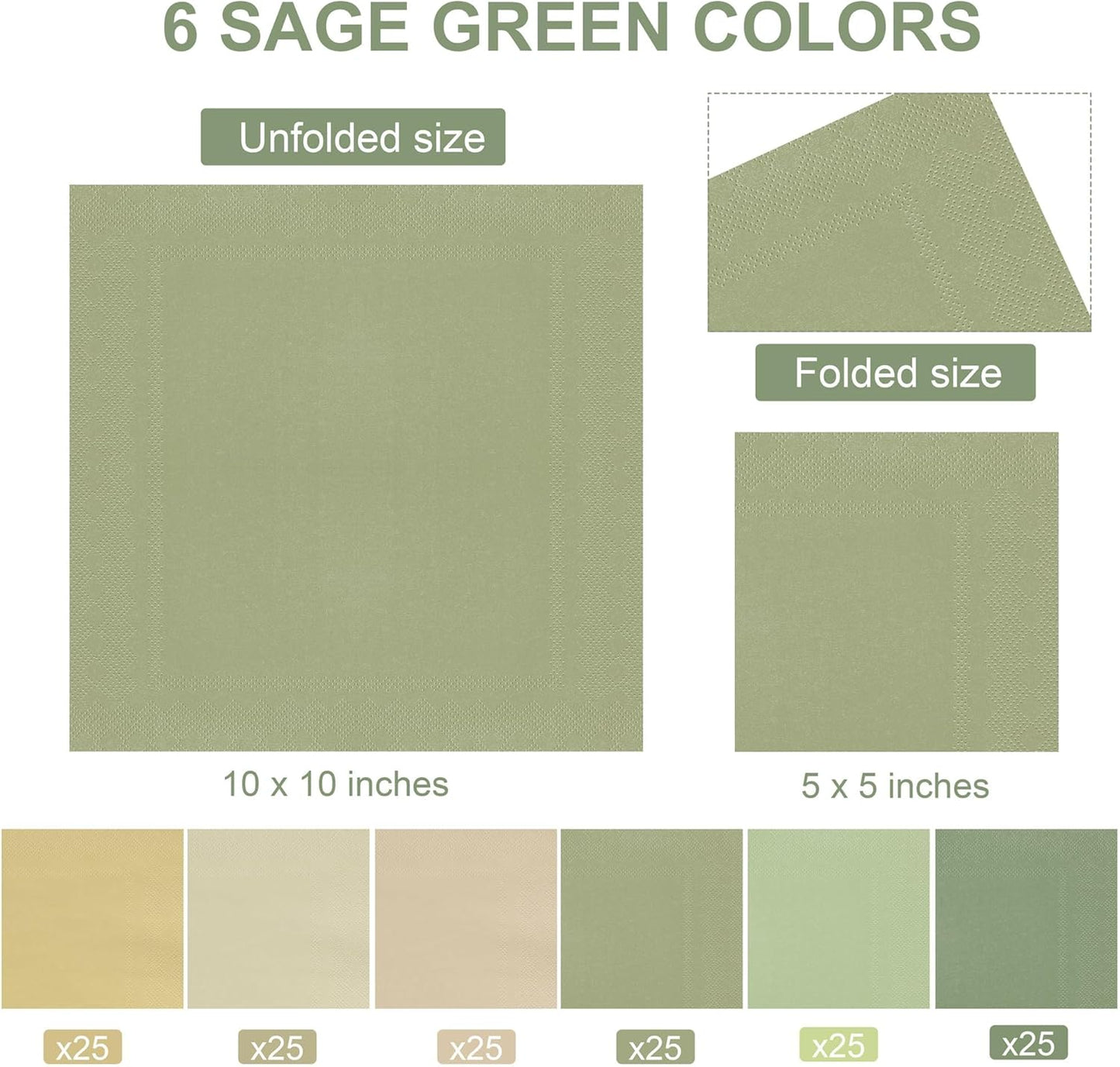 150 Pieces Sage Green Paper Napkins Cocktail Napkin Beverage Luncheon Napkins 2 Ply for Party Favors, 6 Colors