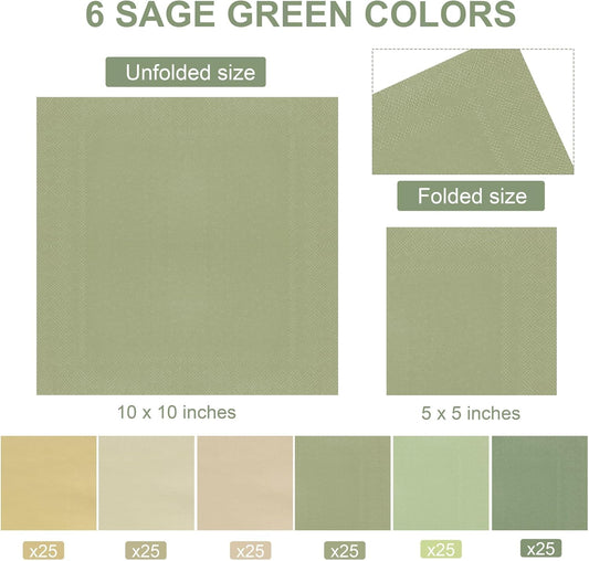150 Pieces Sage Green Paper Napkins Cocktail Napkin Beverage Luncheon Napkins 2 Ply for Party Favors, 6 Colors