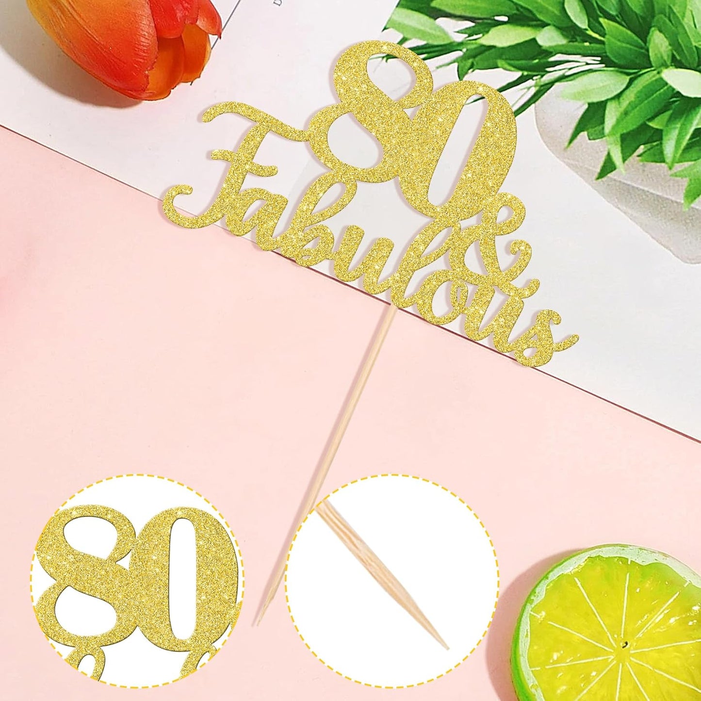 1 PCS 80 & Fabulous Cake Topper Gold Glitter 80th Birthday Anniversary Cake Pick Decoration for 80th Birthday Wedding Anniversary Party Decorations Happy 80th Birthday Cake Decorations Supplies