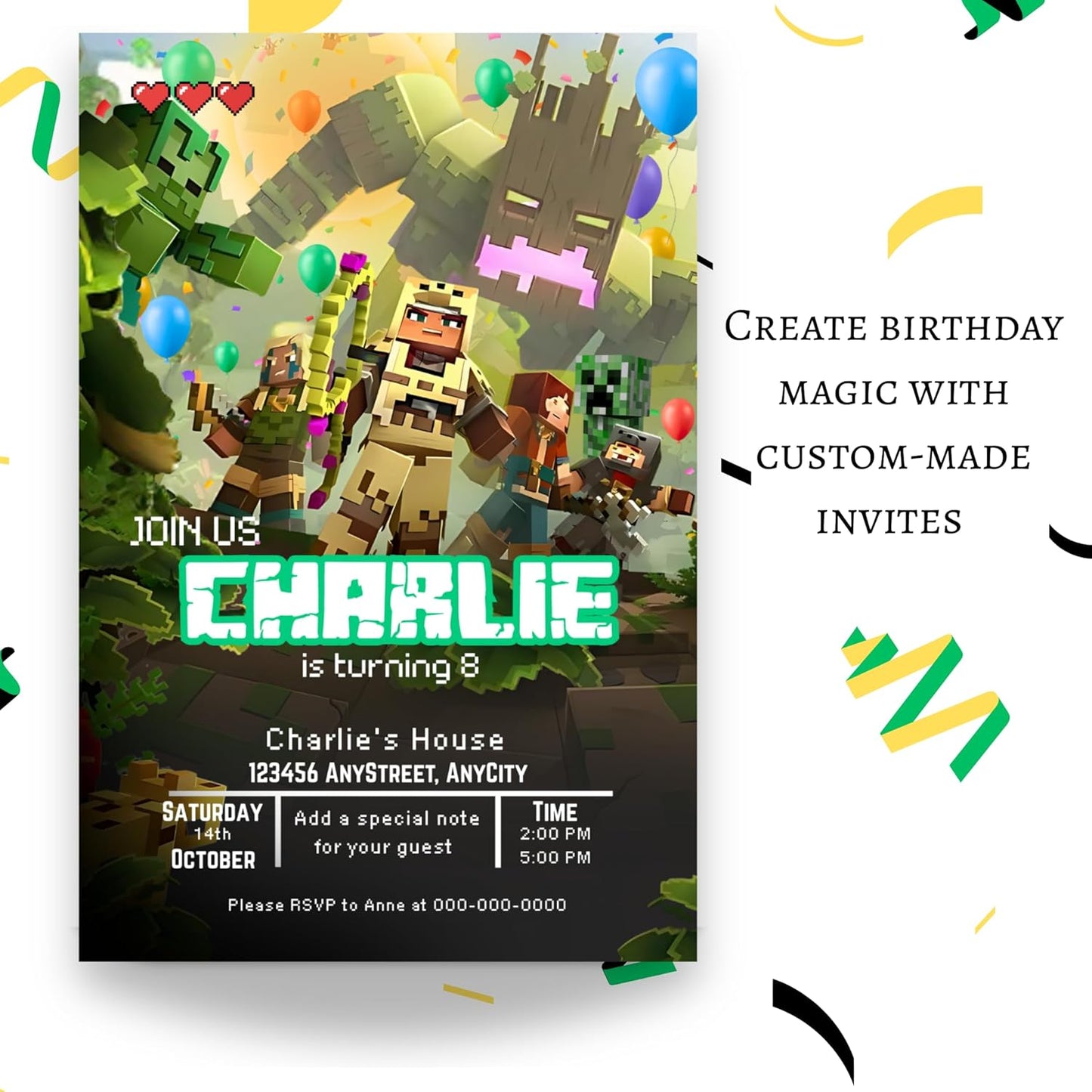 Fully Customizable minecraft Birthday Party Invitations, 4 x 6 inches, with Self-Sealing Envelopes, Gaming Theme Design, minecraft Birthday Invitations for Boys and Girls (Minecraft/Jungle)