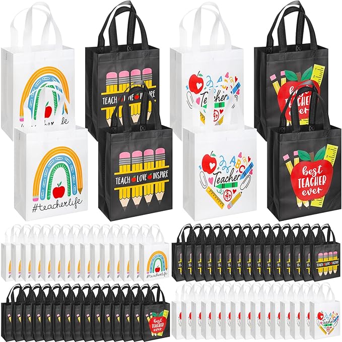 Wesnoy 60 Pcs Teacher Appreciation Gift Tote Bags Bulk Thank You Teachers Reusable Non Woven Treat Goodie Bags with Handles Gifts Wrap for School Office Retirement Graduation Party Supplies