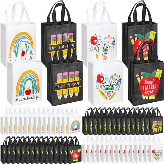 Wesnoy 60 Pcs Teacher Appreciation Gift Tote Bags Bulk Thank You Teachers Reusable Non Woven Treat Goodie Bags with Handles Gifts Wrap for School Office Retirement Graduation Party Supplies
