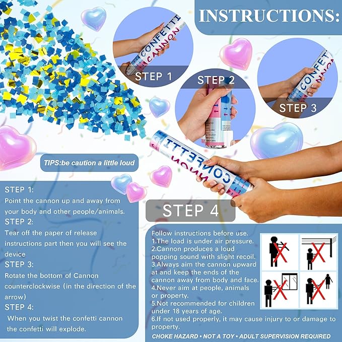 2 Pack Gender Reveal Confetti Cannon, 12 in Blue Square shaped Paper Party Poppers Cannons, Confetti Poppers For Baby Boy Girl Gender Reveal Baby Showers (Square, Blue)