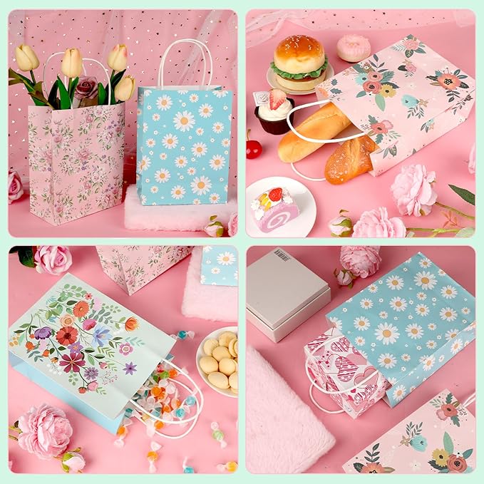 Konsait 16 Pack Floral Gift Bags, Pink and Blue Wildflower Goodie Bags with Handle, Paper Flower Bag for Birthday Anniversary Mothers Day Gathering Greeting and More