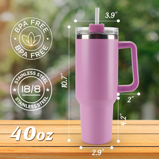 40 oz Tumbler with Handle and Straw Spill Proof Large Travel Coffee Mug Insulated Reusable Stainless Steel Cup with Lid Fit for Car Cup Holder(Lilac)