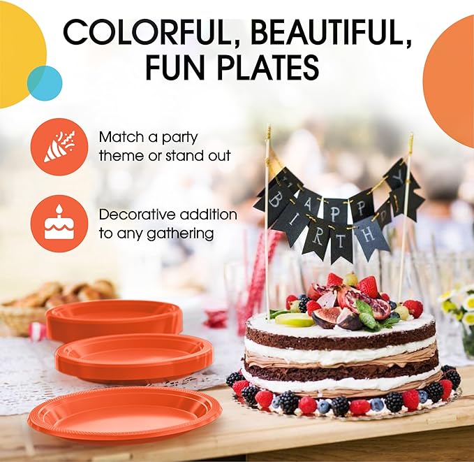 Party Solids Orange Plastic Plates For Party Supplies, Orange Disposable Plates 100 Pieces - 50-7" & 50-9" Heavy Duty 350 GSM Disposable Dinnerware Sets, Plastic Dinnerware Sets