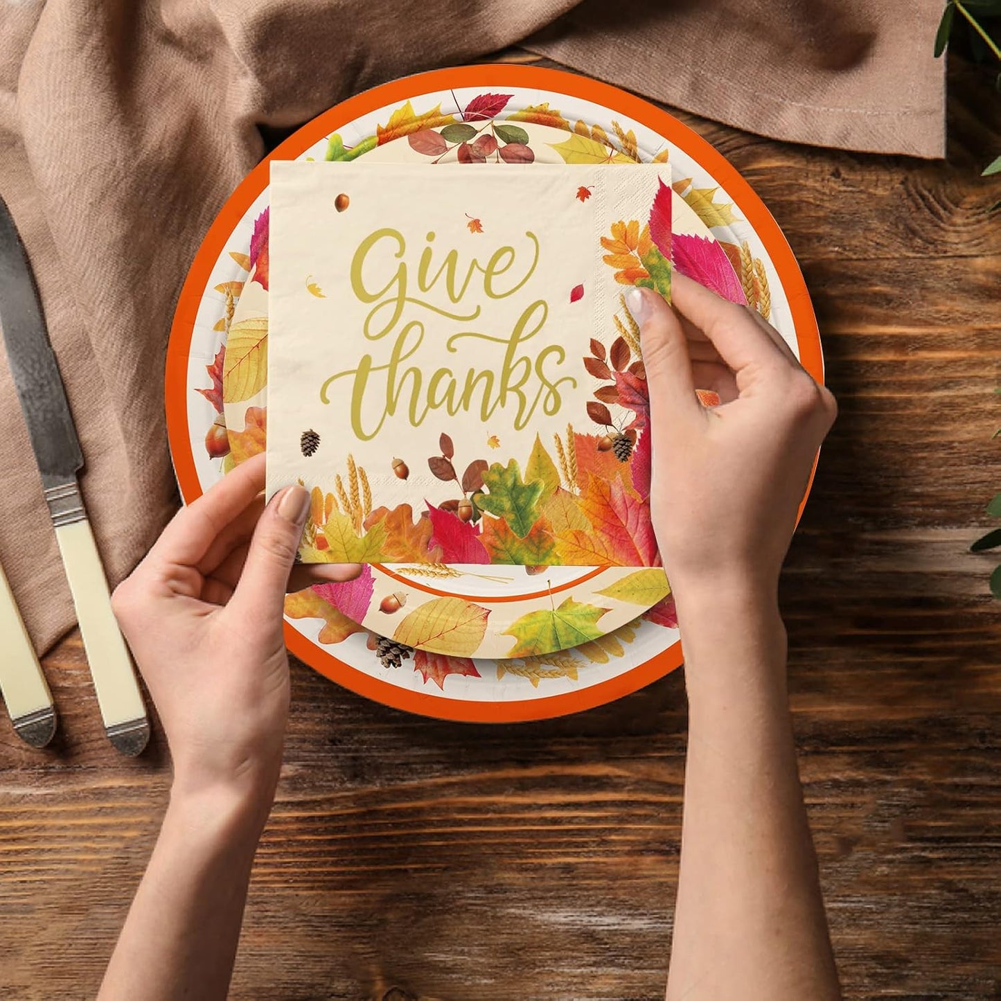Fall theme Thanksgiving Party Supplies Kit, Serve 50, Autumn Harvest Disposable Dinnerware Includes: Paper Dinner Plates, Dessert Plates, and Napkins, Great for Thanksgiving Party Decorations