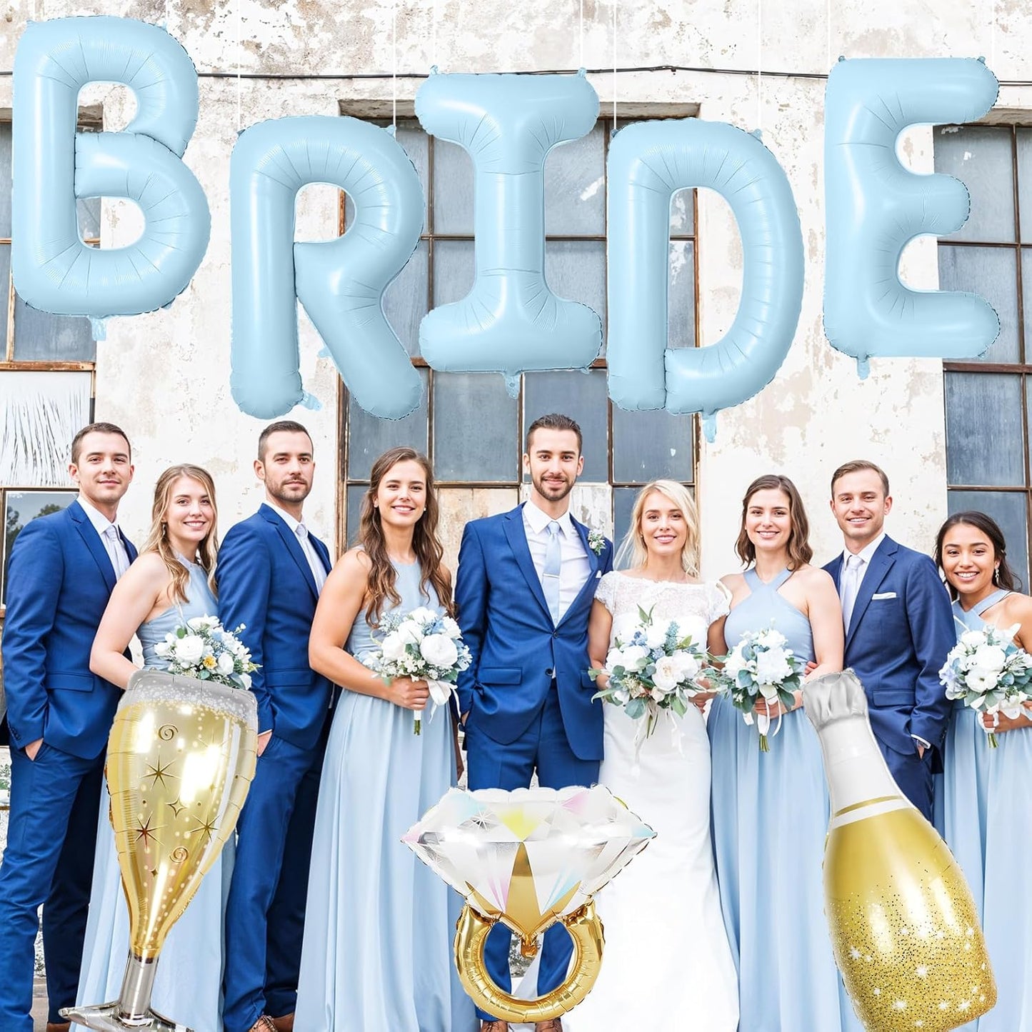 40inch Bride Balloons Baby Blue Letters Banner, Bachelorette Party Decorations Set with Diamond Ring Champagne Bottle Balloon Glass Foil Balloon for Bachelorette Engagement Wedding Bridal Shower Decor