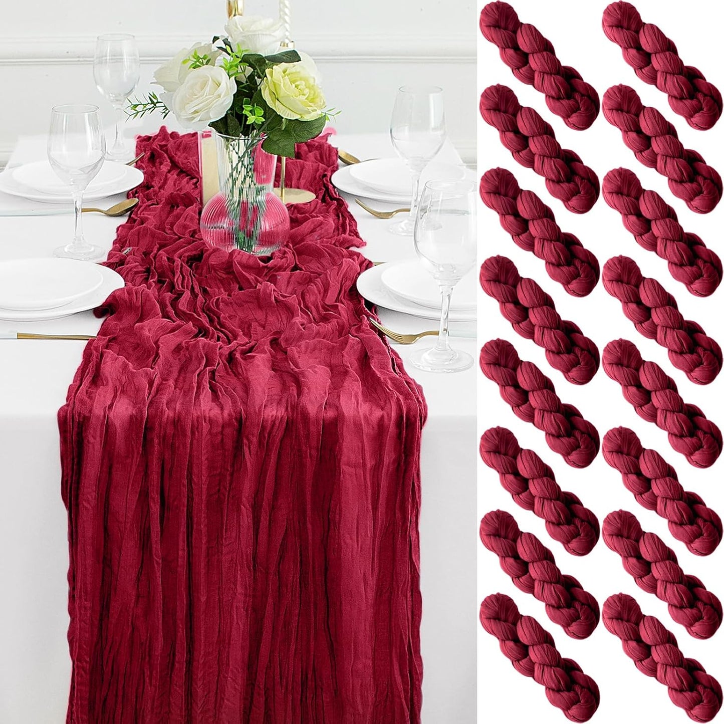 16Pack Burgundy Cheesecloth Table Runner 10FT Gauze Cheese Cloth Table Runner 35x120Inch Long Boho Spring Easter Table Runners Rustic Sheer Table Runners for Wedding Baby Shower Bridal Shower Decor