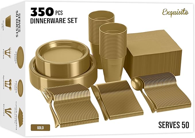 350 Pcs Gold Plastic Plates For Party, Gold Disposable Plates Set, 50 Of Each 9" Dinner Plate Set, 7" Dessert Plate, Cups, Napkins & Cutlery Plastic Dinnerware Exquisite
