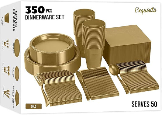 350 Pcs Gold Plastic Plates For Party, Gold Disposable Plates Set, 50 Of Each 9" Dinner Plate Set, 7" Dessert Plate, Cups, Napkins & Cutlery Plastic Dinnerware Exquisite