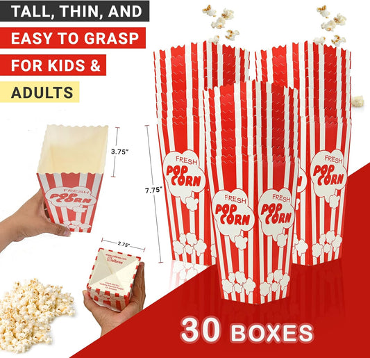 30 Movie Night Popcorn Paper Boxes Buckets 7.75 Inches Tall Large Box & Holds 46 Oz Old Fashion Vintage Retro Party Design Red & White Colored Nostalgic Carnival Stripes Bags & Tubs various qty avail