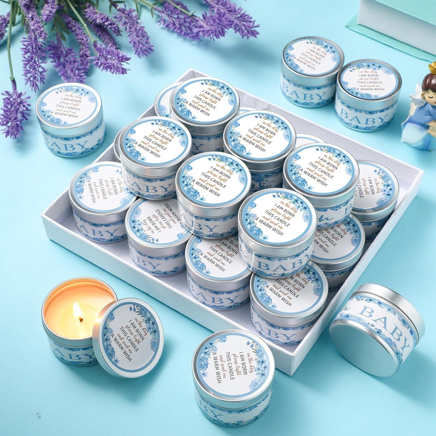 MTLEE 24 Pcs Flowers Baby Shower Party Favors Candles Lavender Scented Baby Shower Favors for Guests Rustic Tealights Candles Gender Reveal Return Gifts Girl Boy(1.2 Oz, Blue)
