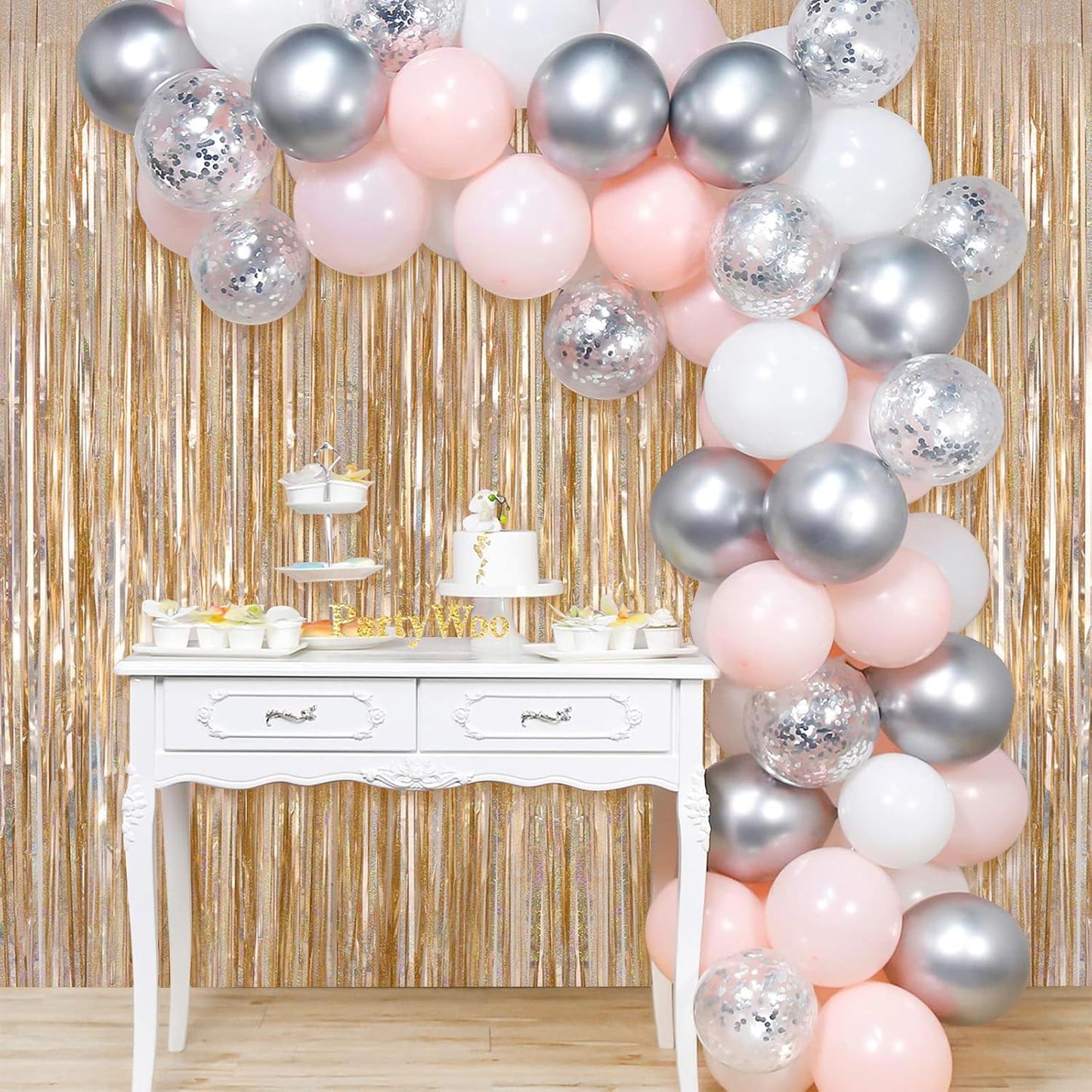 Champagne Tinsel Foil Fringe Curtain, 2 Pack 3.3 x 8.2 Ft Metallic Glitter Curtains Backdrop Streamers, Champagne Backdrop for Birthday Bachelorette Photo Booth Party Decorations