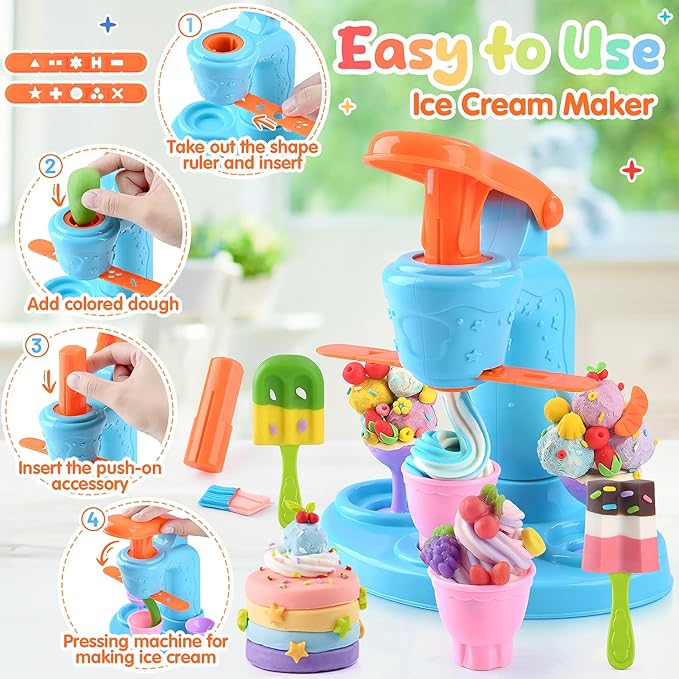 4 in 1 Color Dough Set Kitchen Creations with Ice Cream/Cake/Noodle/Hamburger Maker Machine, Arts Crafts Play Food Toys Tools Kit for Boys Girls Kids Toddlers Ages 3+ , 24 Dough