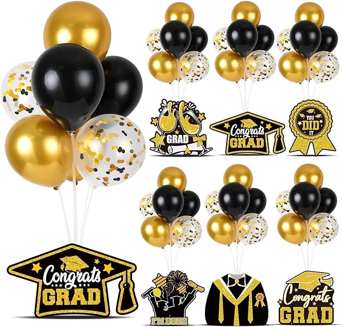 6 Sets Black Gold Graduation Balloon Stand Kit for Table Decorations Class of 2025 Congrats Grad Table Centerpiece Grad Prom Themed Decoration for Grad School & College Ceremonies Party Supplies