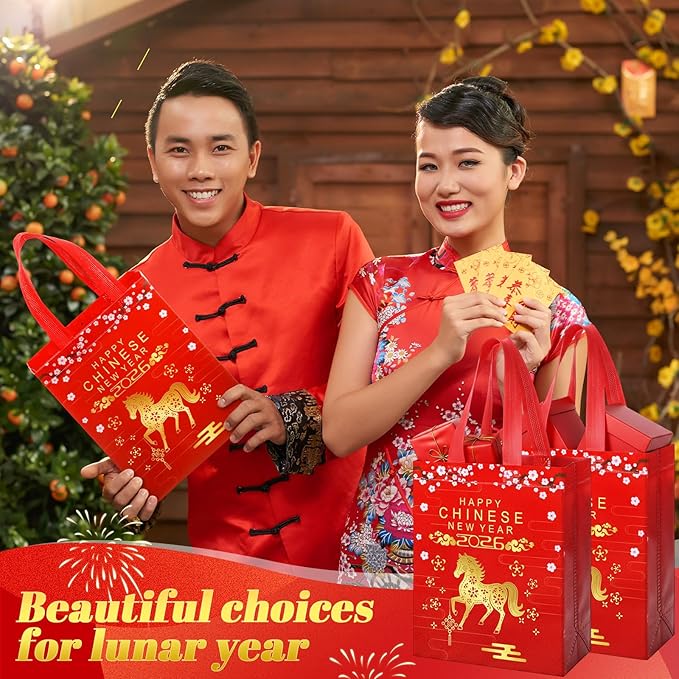 Supervitae 24 Pcs Chinese New Year 2026 Gift Bags with Handle Horse Lunar New Year Gift Bag Spring Festival Red Goodie Treat Party Supplies for Family Neighbor Friend Party Decor(9.8" x 7.9" x 3.9")