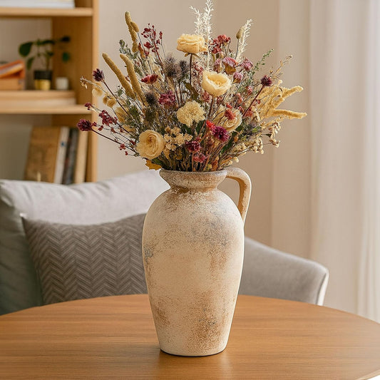 Rustic Ceramic Flower Vase with 1 Handle, Small Decorative Terracotta Boho Vase for Living Room, Table Centerpiece, Shelf Decor, Farmhouse, Entryway - 8.8 Inch Tall, Vintage Gray