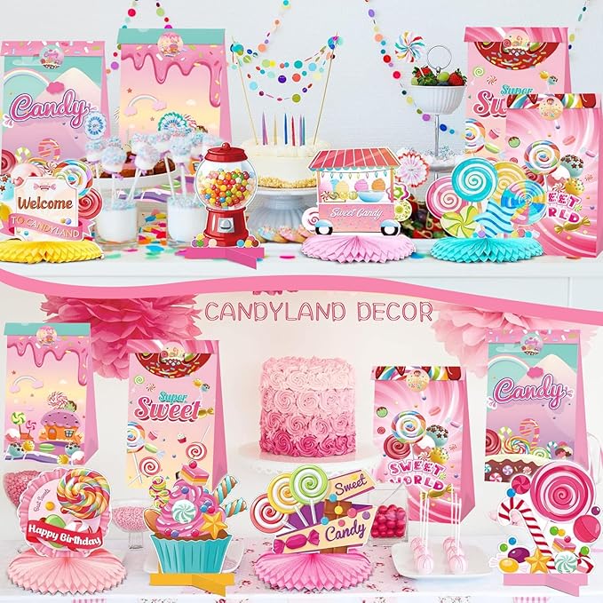 12Pcs Candy Sweet Land Goodie Bags with Stickers Lollipop Gift Bags Candyland Themed Party Favors Goody Treat Bag for Birthday,Baby Shower,Weddings,Guraduations Candy Shop Theme Party Supplies Decor