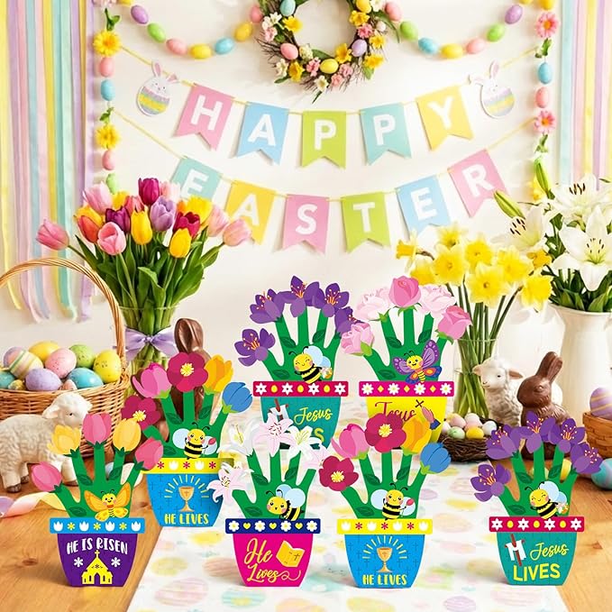 Frienda 48 Sets Easter Religious Crafts for Kids Easter He is Risen Christian Crafts DIY Hand-Print He is Risen Arts Kit for Sunday School Classroom Activities Party