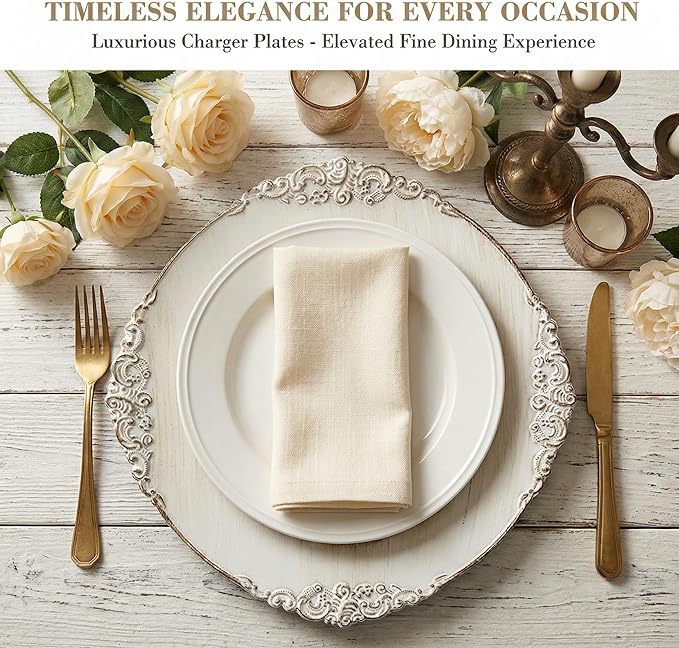 Antique White Charger Plates, 13 Inch Embossed Chargers for Dinner Plates. Set of 6 Plastic Charger for Wedding, Party,Elegant Tableware Chargers Decoration.